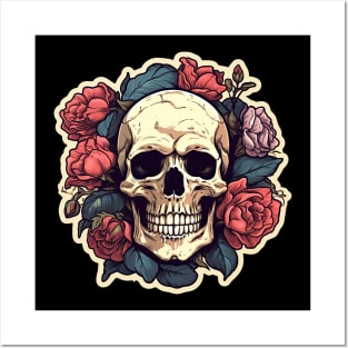 A human skulls with red roses Posters and Art